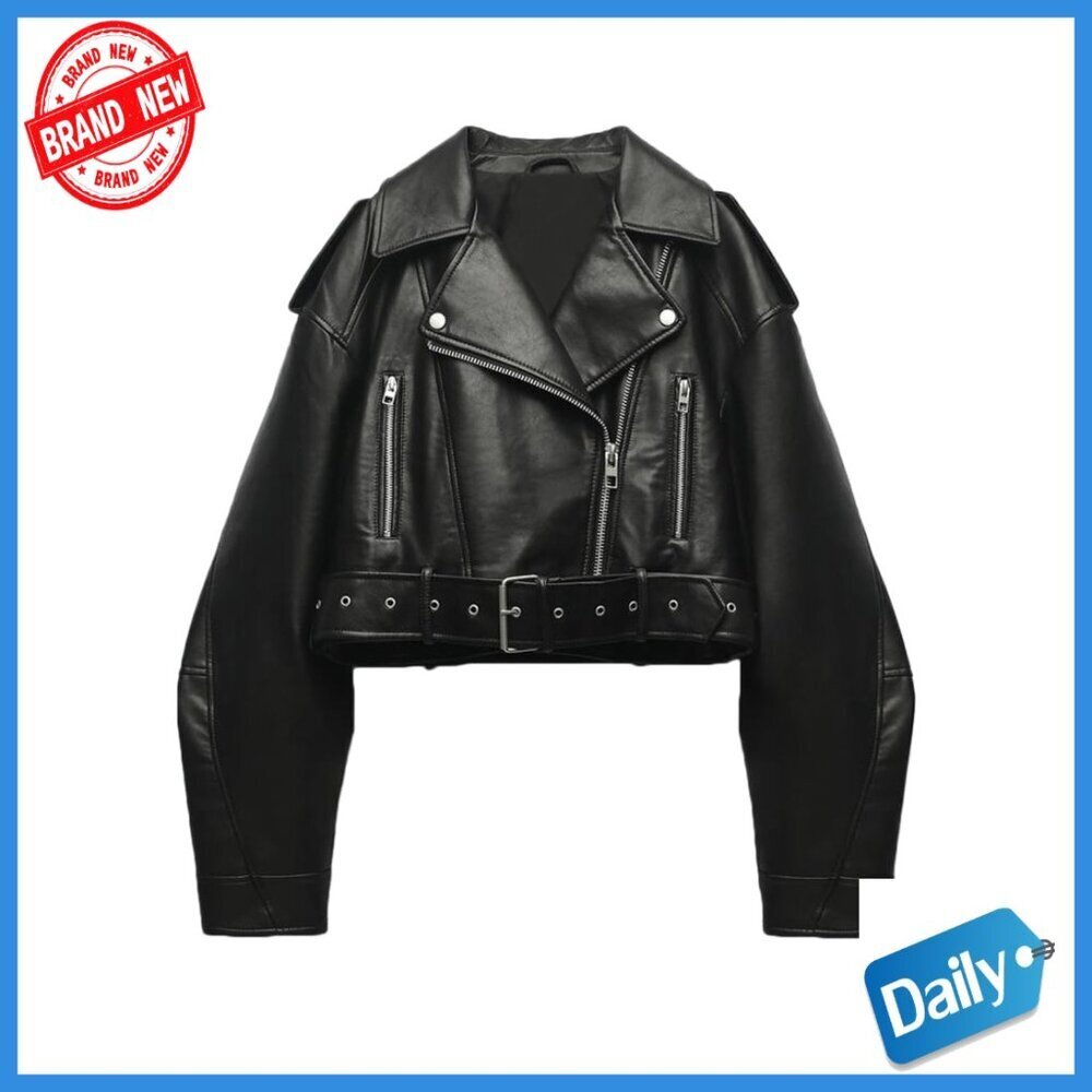 Faux Leather Cropped Biker Jacket with Removable Belt Zipper Pockets